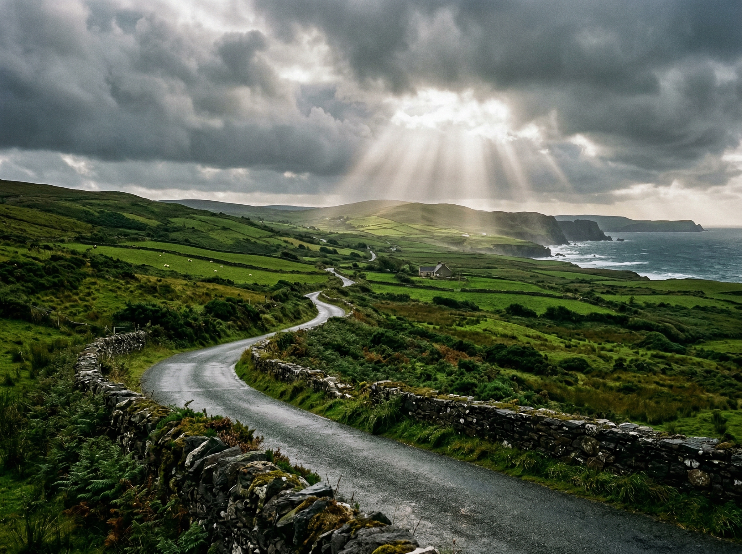 Winding Irish country road with dramatic storm clouds