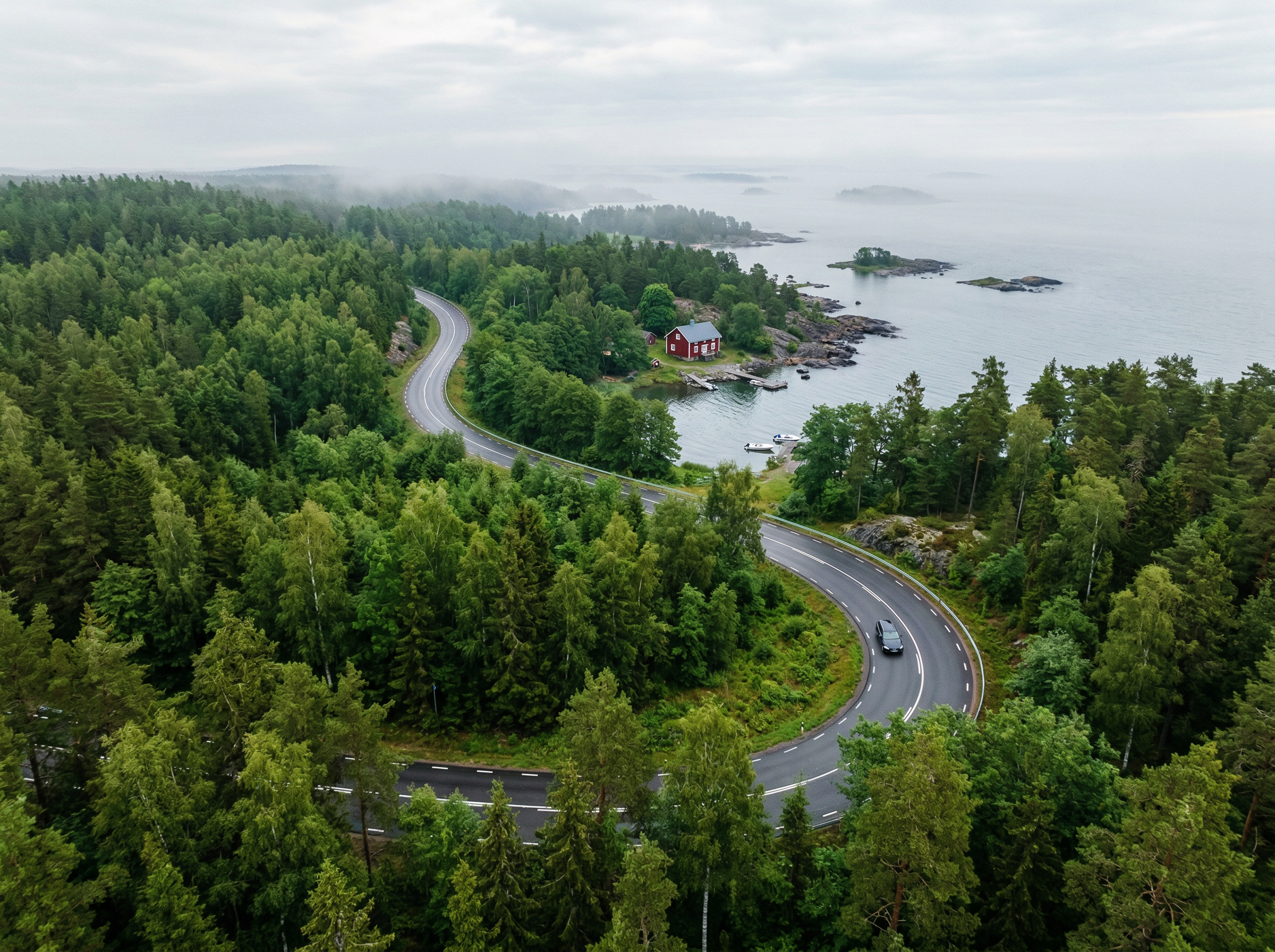 Aerial view of Swedish coastal road through autumn forests