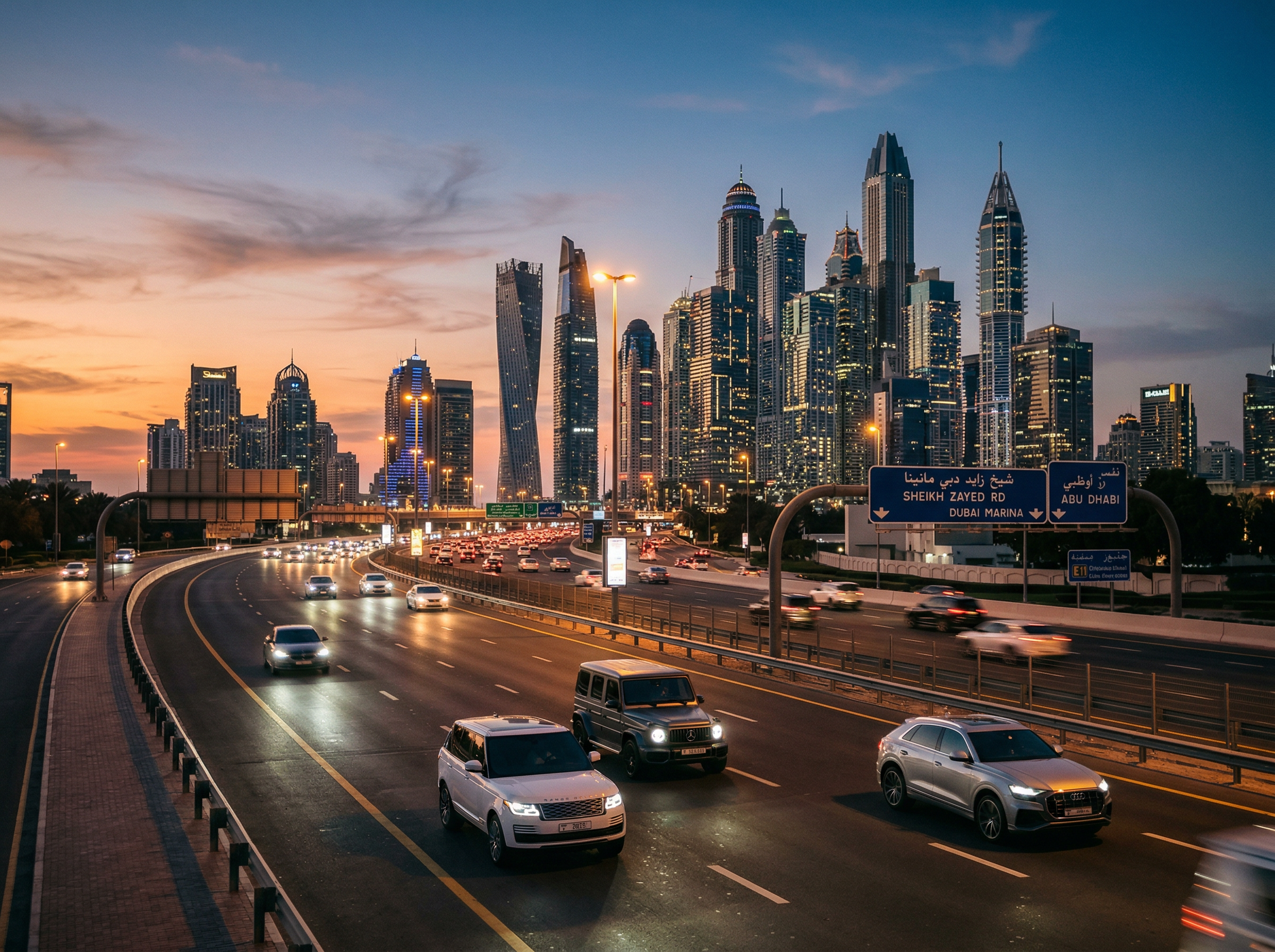 Dubai highway at dusk with illuminated skyscrapers